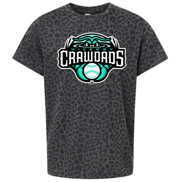 Hickory Crawdads Black Leopard H Logo Youth Girls Tee