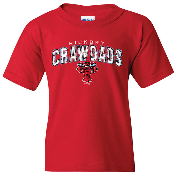 Hickory Crawdads Youth Ragged Red Tee